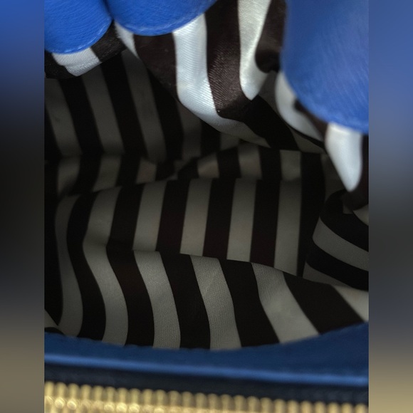 Henri Bendel Blue Satin Gold Accents Drawstring Crossbody Bag with Charm in VGUC - Picture 13 of 13